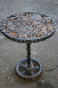Upcycled old car parts make for a brilliant table.